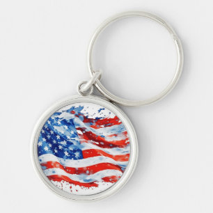 American Flag USA Watercolor 4th of July Key Ring