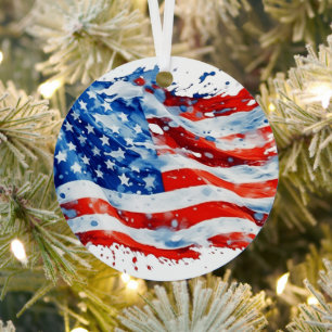American Flag USA Watercolor 4th of July Metal Tree Decoration
