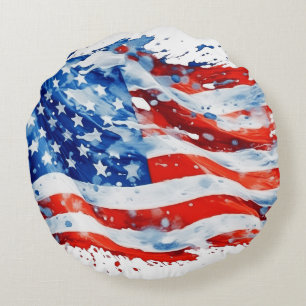 American Flag USA Watercolor 4th of July Round Cushion