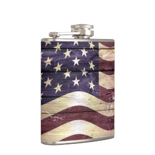 American Flag Vintage Wood Hip Flask