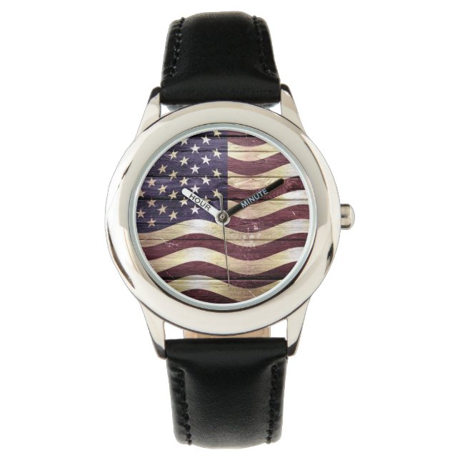 American Flag Vintage Wood Watch (Front)