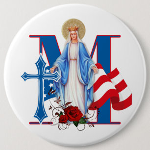 AMERICAN FLAG VIRGIN MARY RELIGIOUS ROSES 6 CM ROUND BADGE