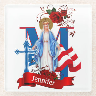 AMERICAN FLAG VIRGIN MARY RELIGIOUS ROSES GLASS COASTER