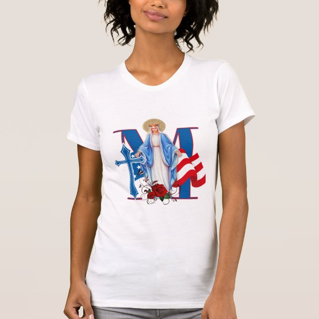 AMERICAN FLAG VIRGIN MARY RELIGIOUS ROSES T-Shirt (Front)