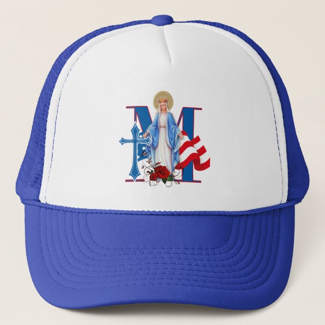 AMERICAN FLAG VIRGIN MARY RELIGIOUS ROSES TRUCKER HAT (Front)