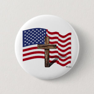 American Flag Waving and Rugged Cross 6 Cm Round Badge