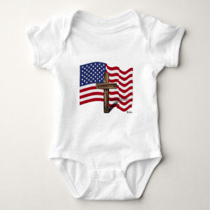 American Flag Waving and Rugged Cross Baby Bodysuit