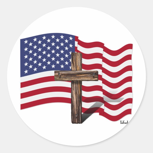 American Flag Waving and Rugged Cross Classic Round Sticker (Front)
