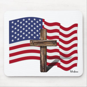 American Flag Waving and Rugged Cross Mouse Pad