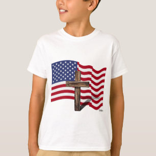 American Flag Waving and Rugged Cross T-Shirt