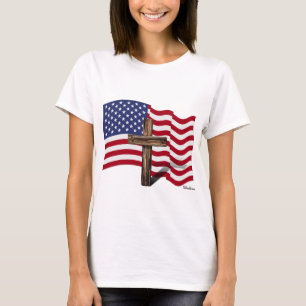 American Flag Waving and Rugged Cross T-Shirt