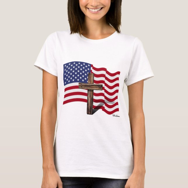 American Flag Waving and Rugged Cross T-Shirt (Front)