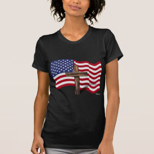 American Flag Waving and Rugged Cross T-Shirt