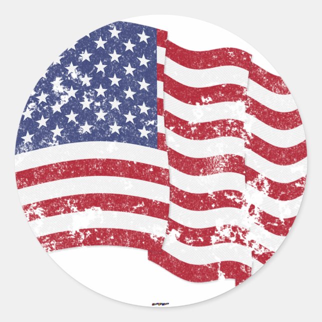 American Flag Waving - Distressed Classic Round Sticker (Front)