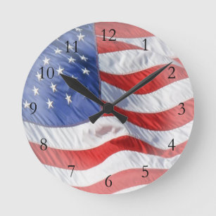 American Flag, Waving in Wind Round Clock
