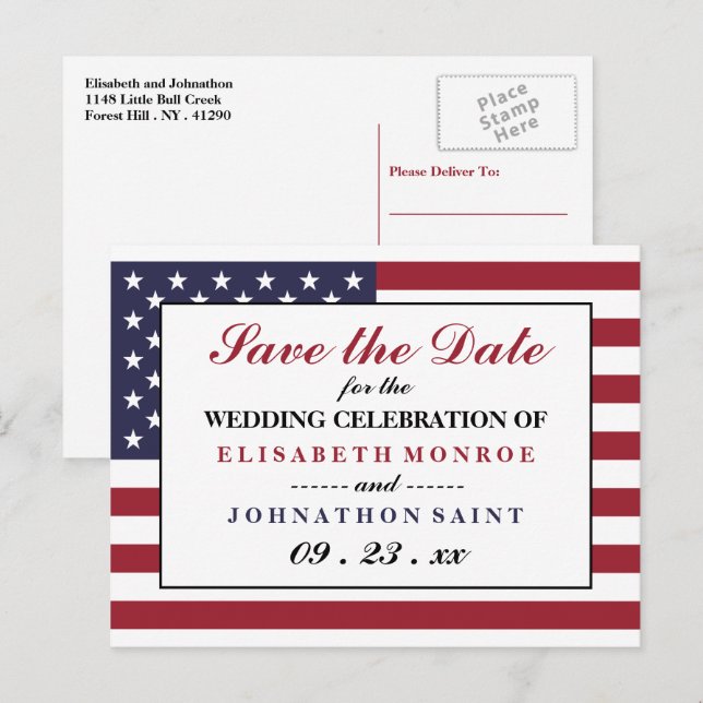 American Flag Wedding Save The Date Announcement Postcard (Front/Back)
