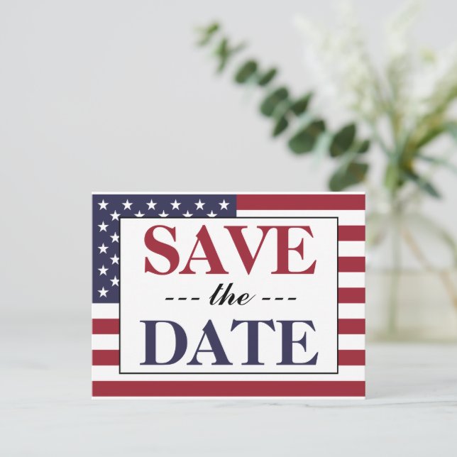 American Flag Wedding Save The Date Announcement Postcard (Standing Front)