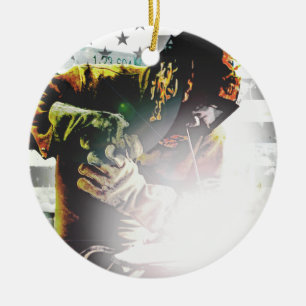 American Flag Welder Ceramic Ornament