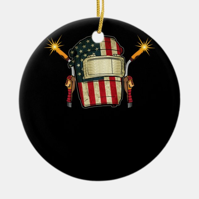 American Flag Welding Helmet Shape Cute Welder Ceramic Ornament (Front)