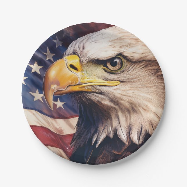American Flag with Bald Eagle Head Paper Plate (Front)