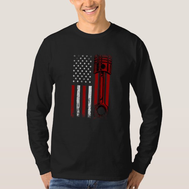 American Flag With Car Engine Piston Novelty Graph T-Shirt (Front)
