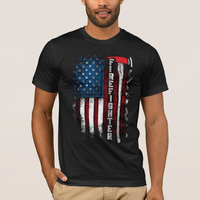 American flag with fire fighter and axe in colour T-Shirt (Front)