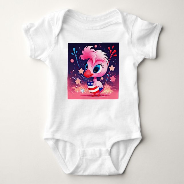 American Flag with Flamingo Cartoon-69216 Baby Bodysuit (Front)