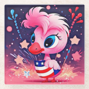 American Flag with Flamingo Cartoon-69216 Glass Coaster