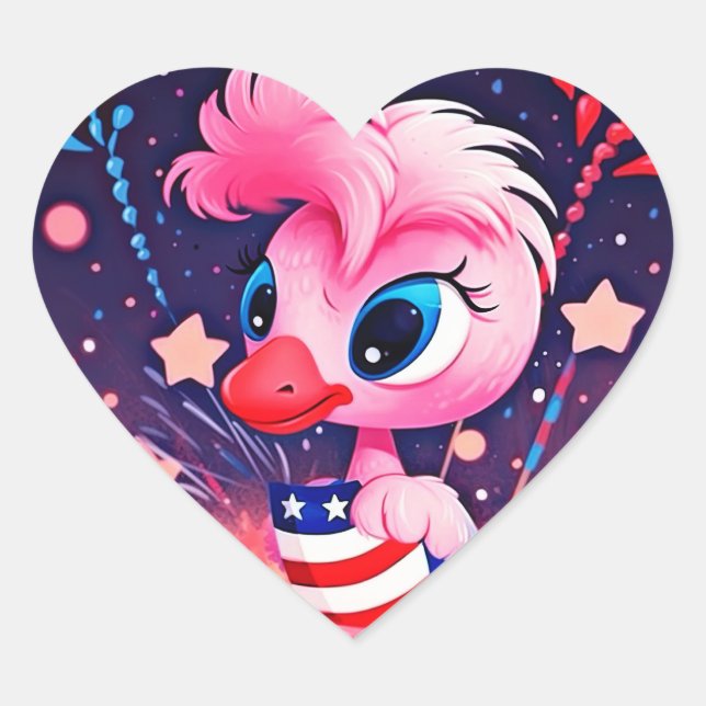 American Flag with Flamingo Cartoon-69216 Heart Sticker (Front)