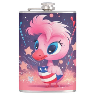 American Flag with Flamingo Cartoon-69216 Hip Flask