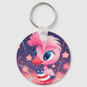 American Flag with Flamingo Cartoon-69216 Key Ring
