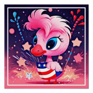 American Flag with Flamingo Cartoon-69216 Poster