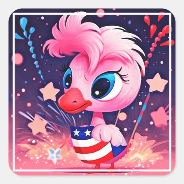 American Flag with Flamingo Cartoon-69216 Square Sticker (Front)