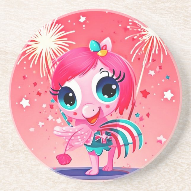 American Flag with Flamingo Cartoon-69217 Coaster (Front)