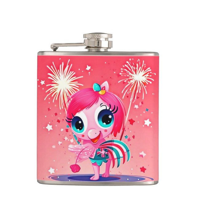 American Flag with Flamingo Cartoon-69217 Hip Flask (Front)