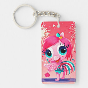 American Flag with Flamingo Cartoon-69217 Key Ring