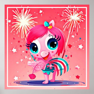 American Flag with Flamingo Cartoon-69217 Poster