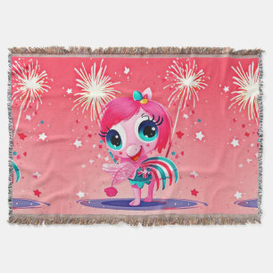 American Flag with Flamingo Cartoon-69217 Throw Blanket