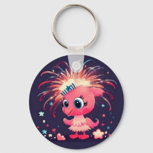 American Flag with Flamingo Cartoon-69218 Key Ring