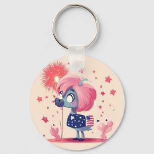 American Flag with Flamingo Cartoon-69219 Key Ring