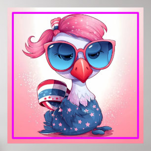 American Flag with Flamingo Cartoon-69679 Poster