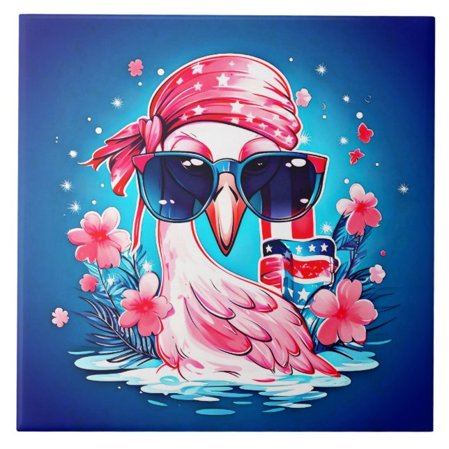 American Flag with Flamingo Cartoon-69681 Ceramic Tile (Front)
