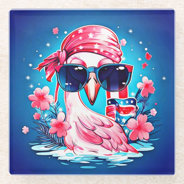 American Flag with Flamingo Cartoon-69681 Glass Coaster (Front)