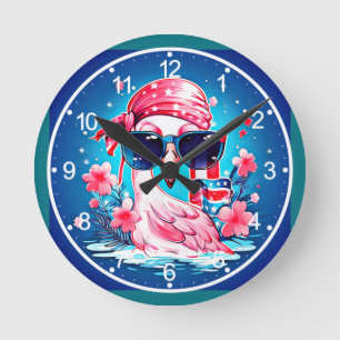 American Flag with Flamingo Cartoon-69681 Round Clock