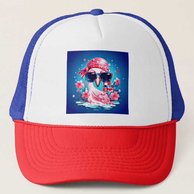 American Flag with Flamingo Cartoon-69681 Trucker Hat (Front)