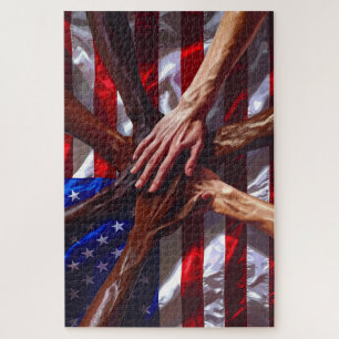 American Flag with hands from various Americans Jigsaw Puzzle