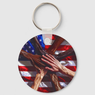 American Flag with hands from various Americans Key Ring