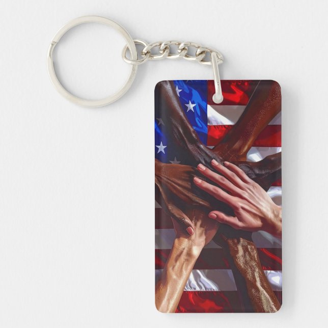 American Flag with hands from various Americans Key Ring (Front)