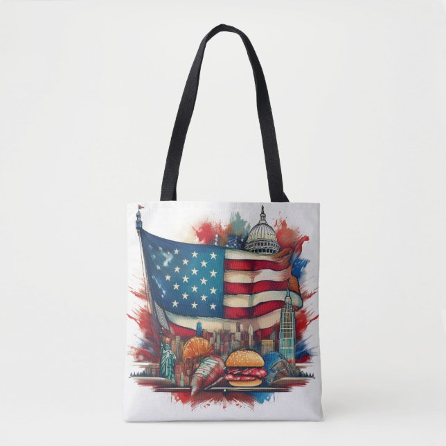 American Flag with Iconic Landmarks Tote Bag (Front)