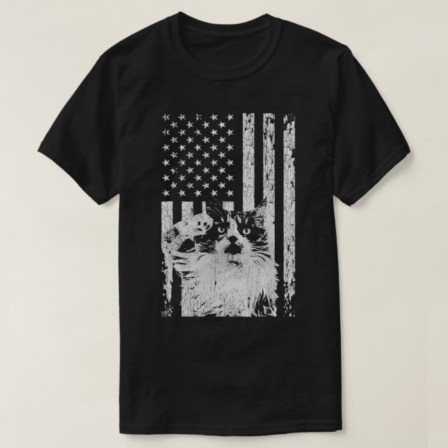 American Flag With Kitten Saluting, Patriotic Cat  T-Shirt (Design Front)